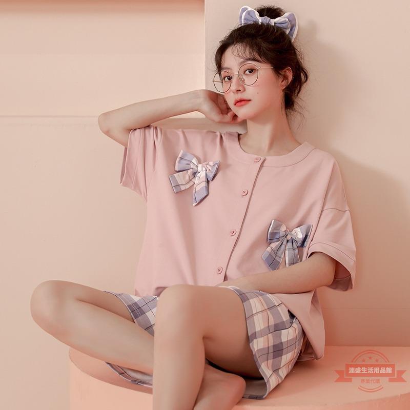 日系甜美小香風睡衣女短袖短褲棉質夏天薄款休閑開衫家居服兩件套