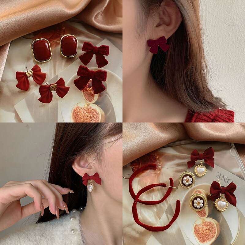 秋冬耳環女年新款潮復古紅色氣質耳釘小眾設計高級感珍珠耳飾