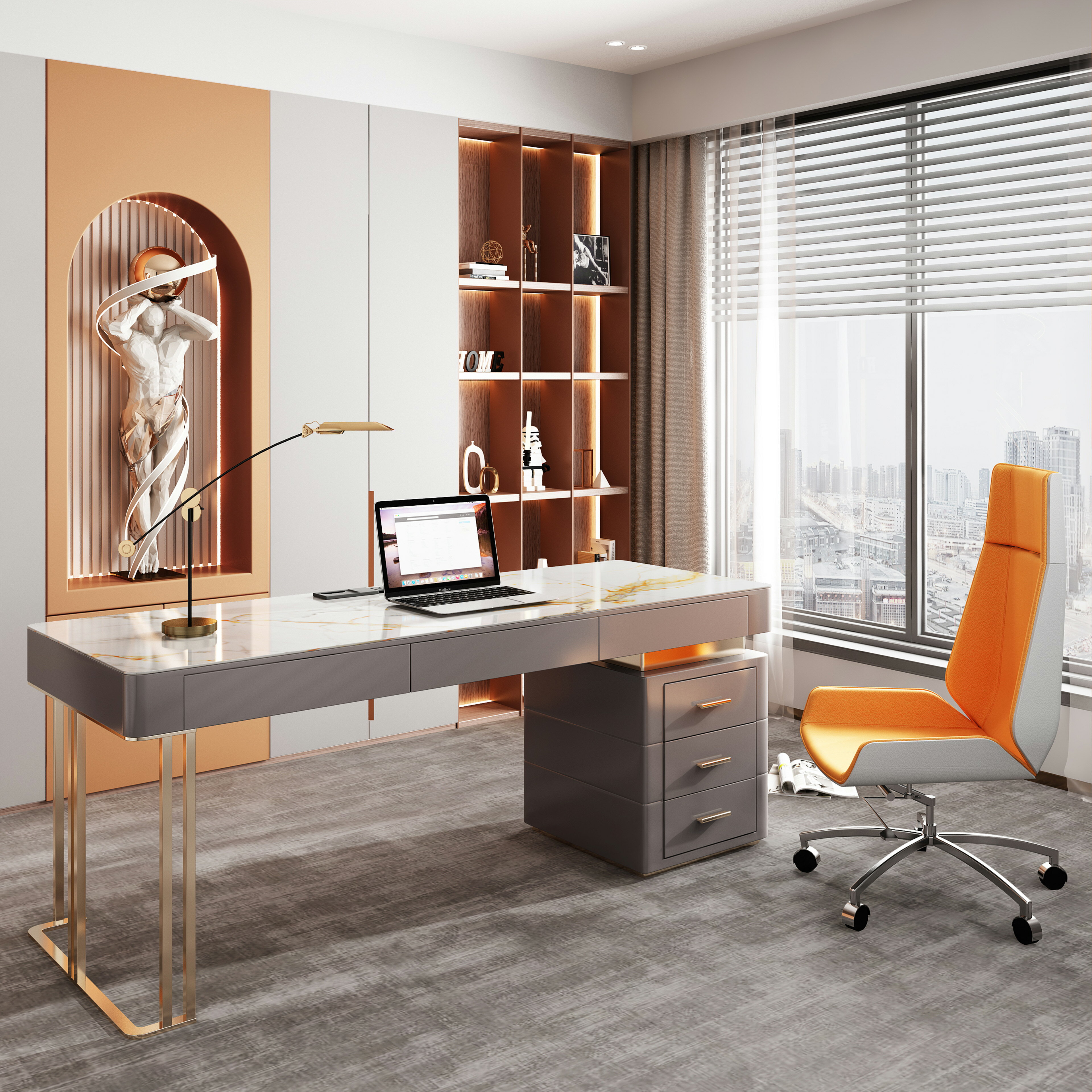 輕奢現代巖板書桌實木電腦桌辦公室意式簡約書房家用不銹鋼寫字臺