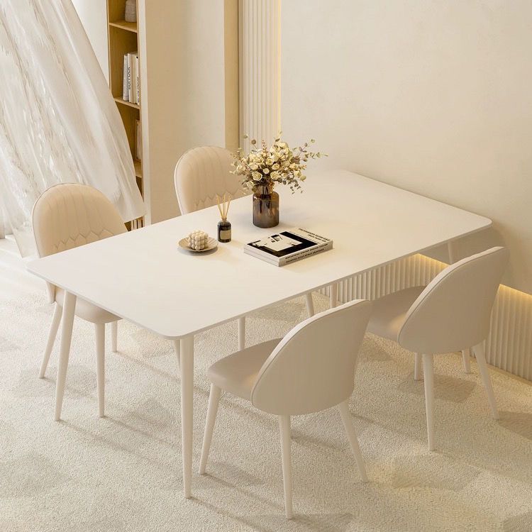 巖板餐桌輕奢現代簡約家用小戶型吃飯桌子奶油風長方形純白餐桌椅