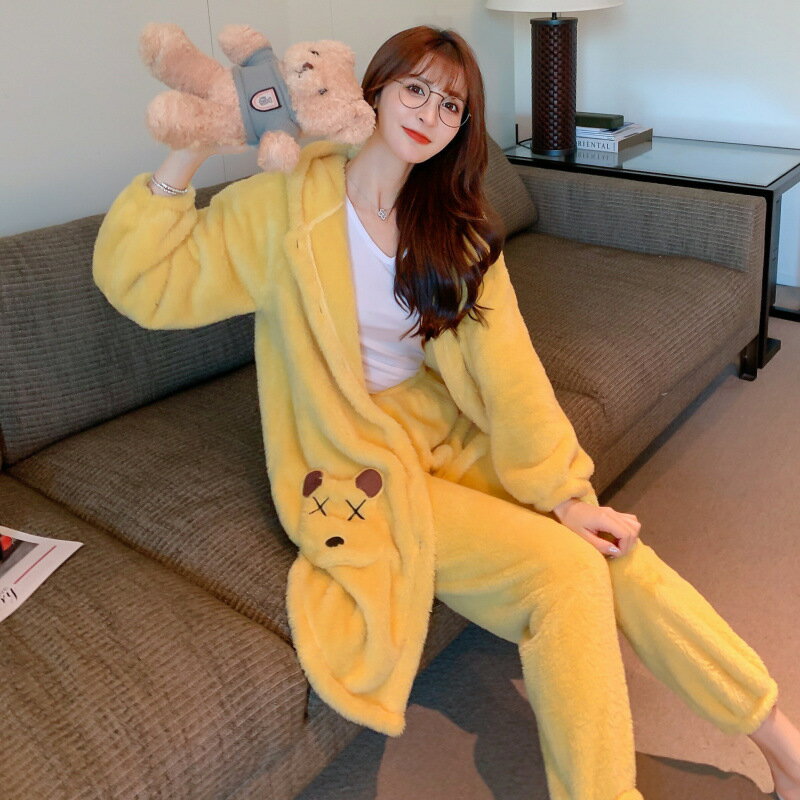 睡袍睡衣套裝長毛絨中長款女士加厚可愛卡通浴袍家居服秋冬款套裝