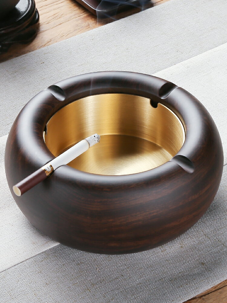 中式煙灰缸實木創意客廳家用黑檀木帶蓋防飛灰大號金屬銅制煙缸 夏洛特居家名品