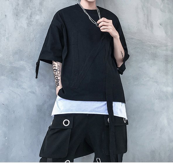 FINDSENSE H1 2018 夏季 新款 高端 暗黑原創 織帶裝飾 OVERSIZE蝙蝠袖T恤 潮男時尚 上衣 男