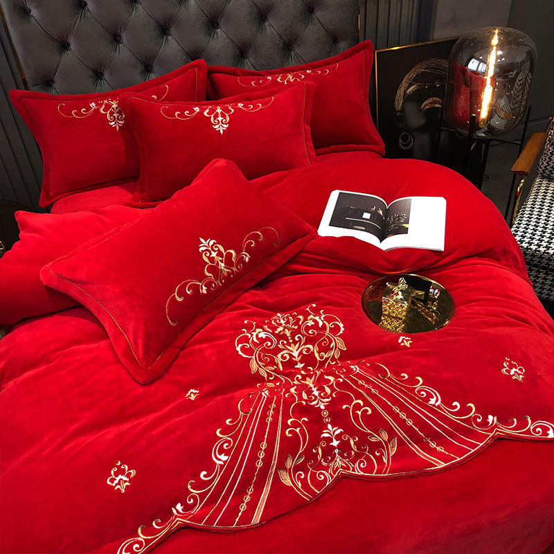 冬季加厚被套床單紅色牛奶珊瑚法蘭絨四件套結婚保暖婚慶床上用品