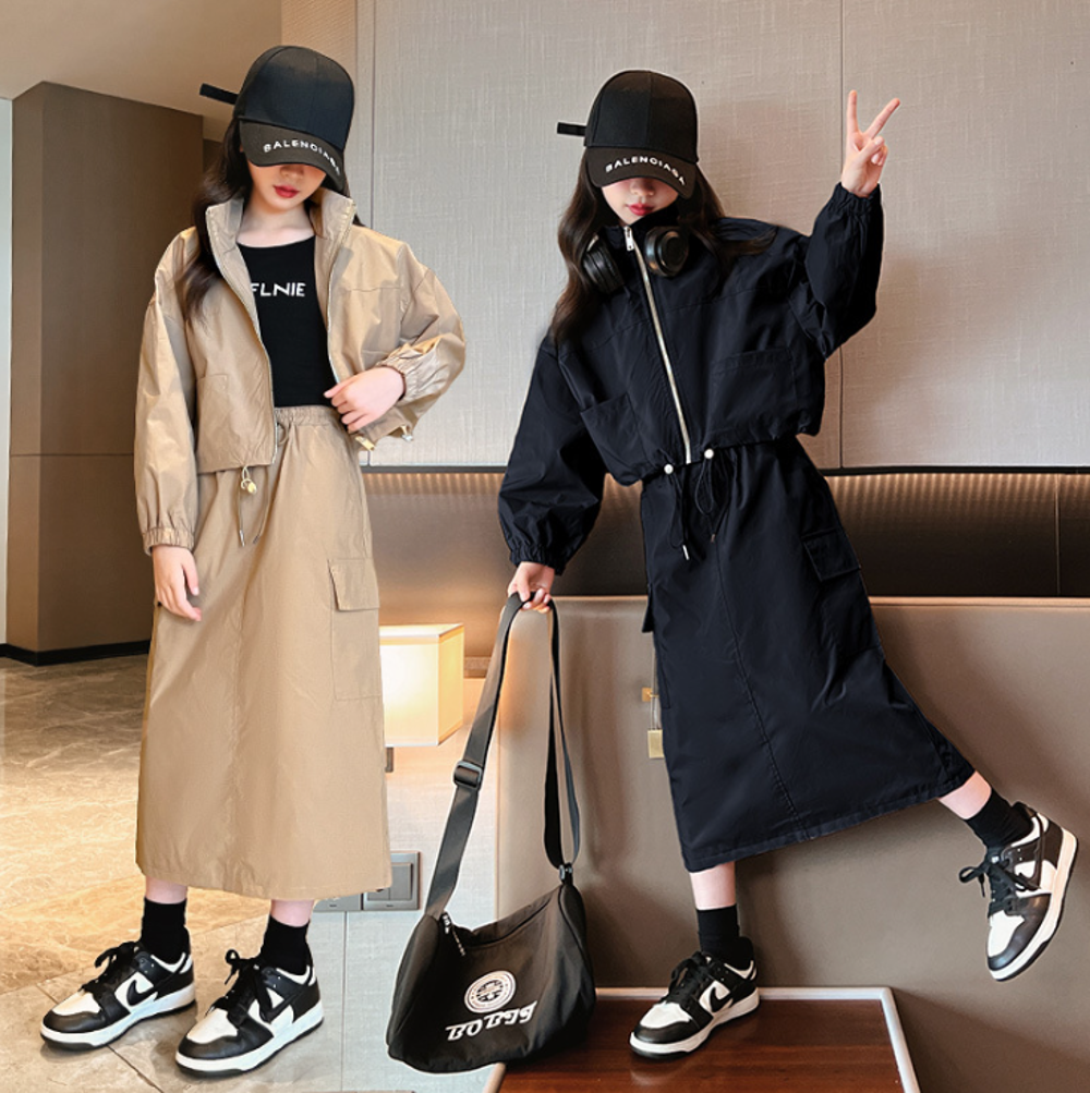 女童春秋款韓版套裝裙2024新款春裝上衣工裝群休閒兩件套裝HD033