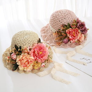 手工編織蕾絲系帶玫瑰花朵草帽女夏小清新氣質出游遮陽帽沙灘帽子