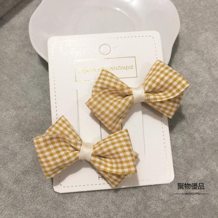 韓式甜美可愛兒童學生迷你黃色格子蝴蝶結對夾發夾邊夾【聚物優品】