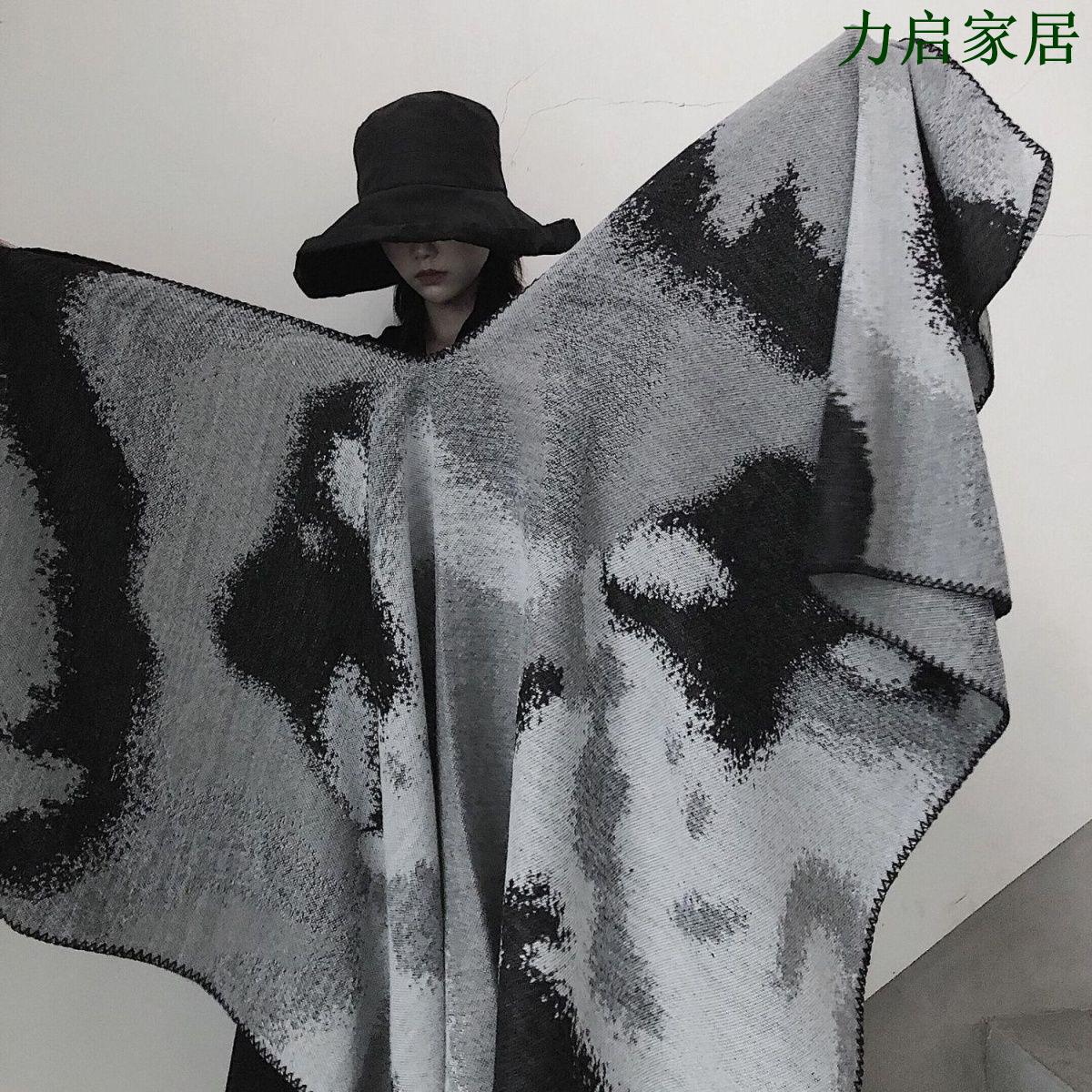 北歐風仿羊絨扎染黑白雙面披肩裝飾圍巾簡約斗篷保暖加厚披肩冬秋