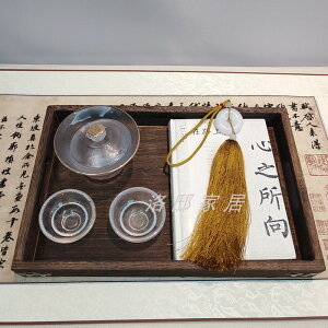 新中式禪意木質托盤仿古文卷流蘇香爐組合擺件樣板間書房桌面飾品