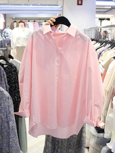 韓國夏季甜美百搭長袖polo領襯衫女寬松粉色上衣潮