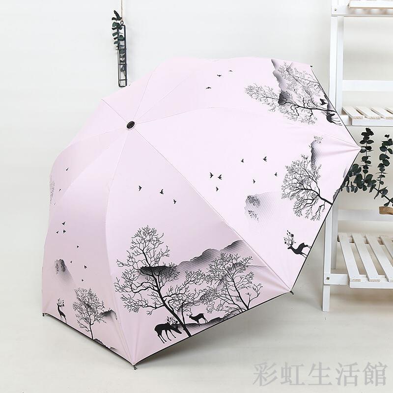 水墨森系卡通小鹿小清新折疊晴雨傘黑膠防曬ins麋鹿太陽傘遮陽傘