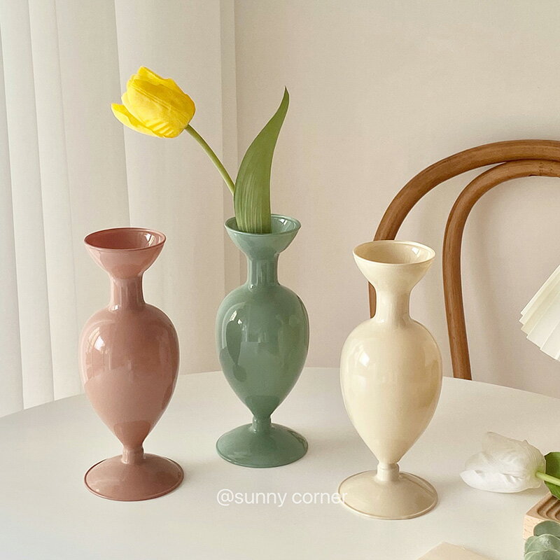 莫蘭迪色玻璃花瓶ins風北歐復古奶油色客廳鮮花插花花器裝飾擺件