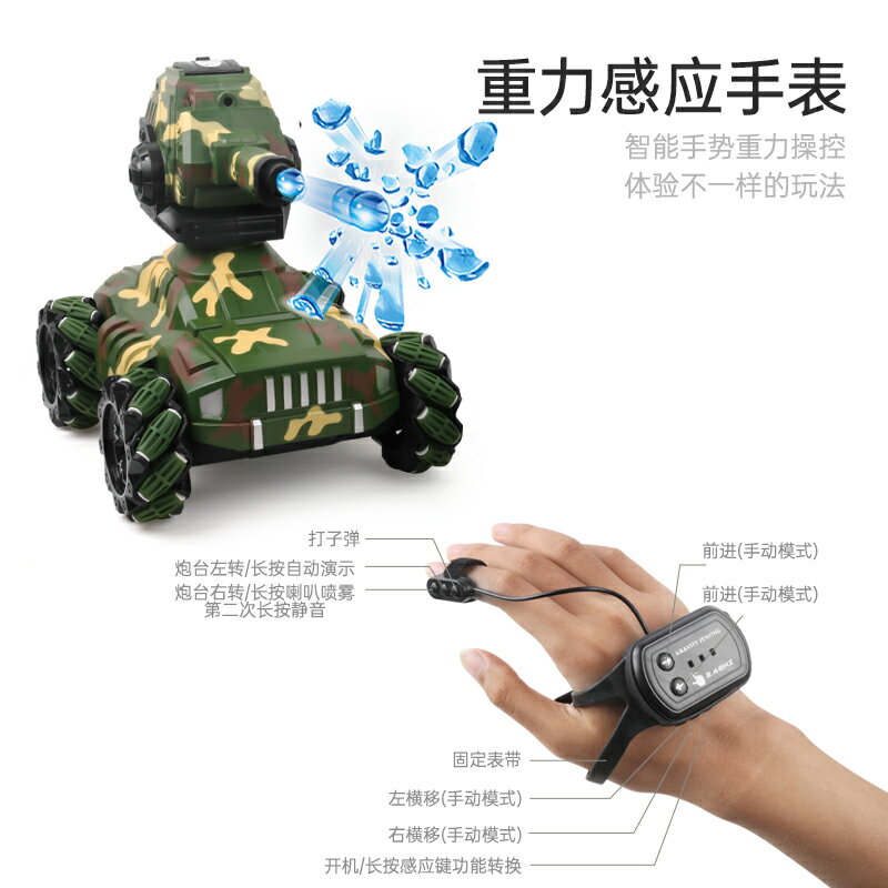 遙控車 遙控玩具 遙控戰車 模型 兒童禮物 遙控坦克 可發射水彈手勢感應對戰特技履帶四驅越野機甲玩具車 充電 全館免運