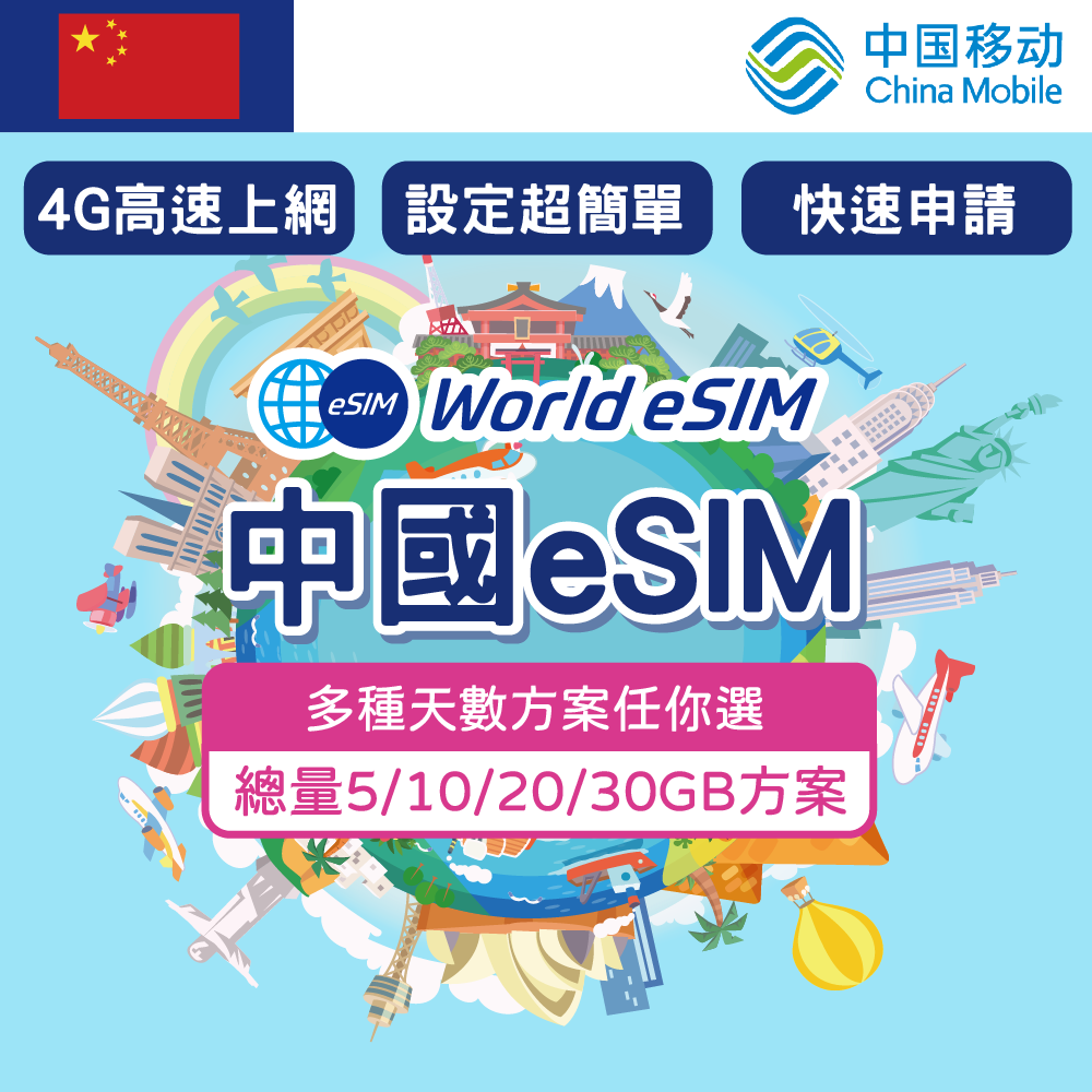 【GLOBAL WiFi】中國eSIM China Mobile電信 3~10天 總量5GB~30GB方案任你選 降速吃到飽 4G高速 中國上網漫遊卡