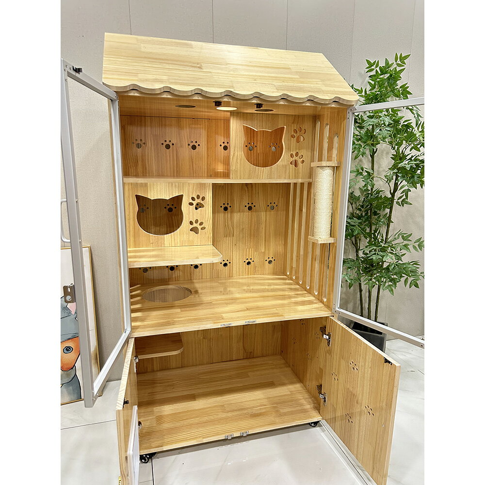【台灣現貨】防水實木貓別墅 帶屋頂貓舍 豪華貓櫃 家用大空間貓房子 帶自由門出入貓窩 室內不占地貓籠子（90*60*170cm） 4