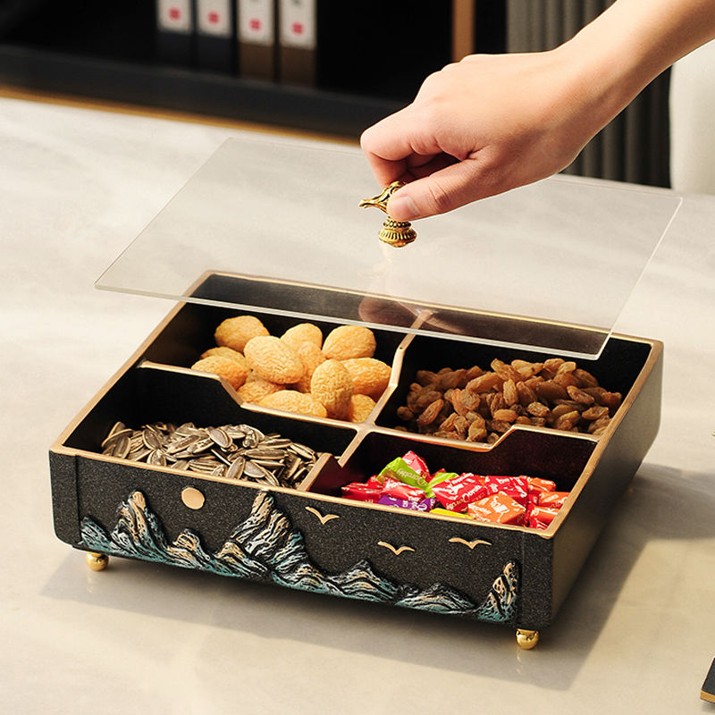 糖果盒 果盤 零食盒 帶蓋分格干果盤 新中式輕奢客廳家用茶幾糖果瓜子堅果盤 零食收納盒