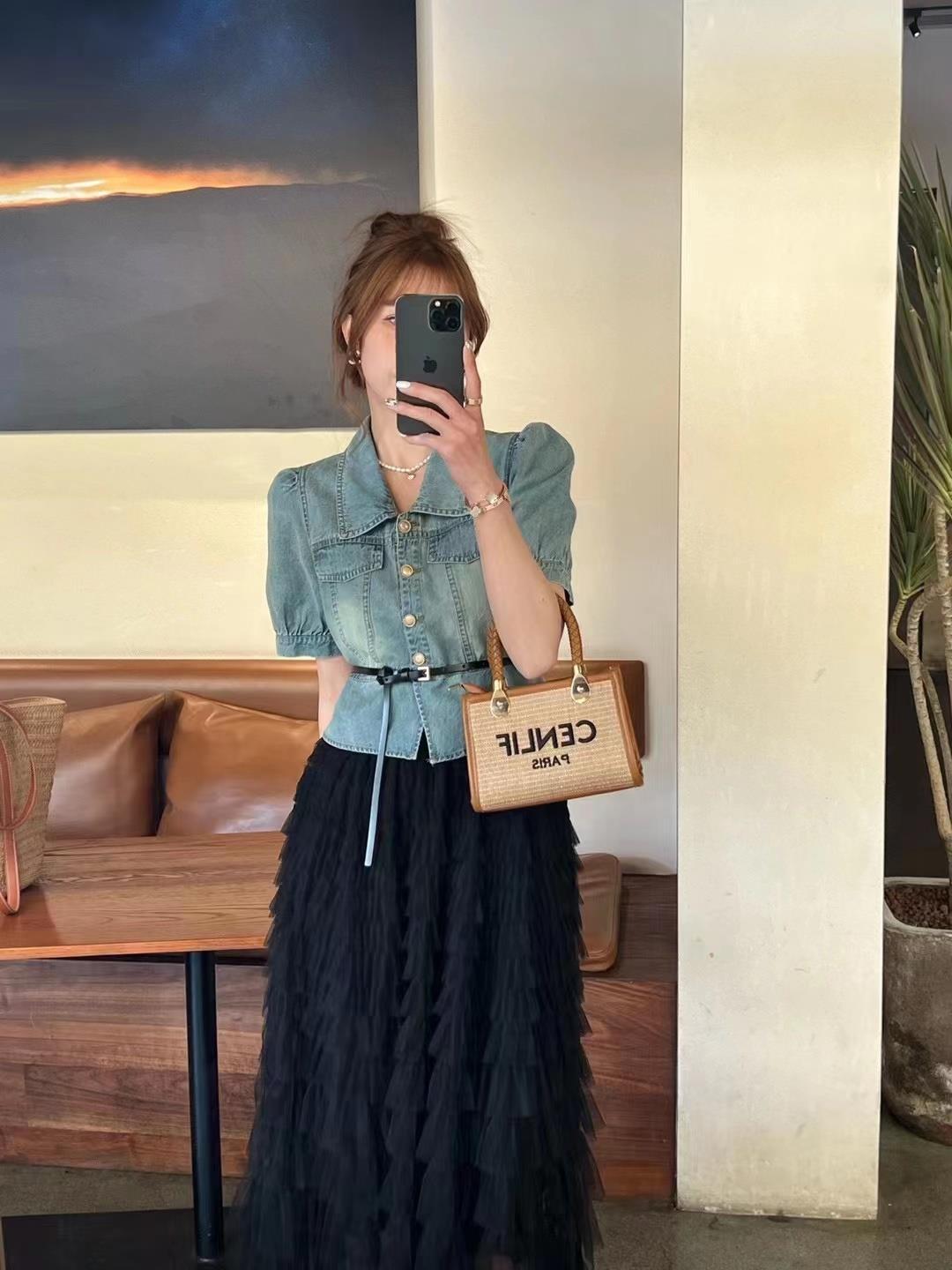 短袖裙裝法式復古牛仔短袖襯衫高腰半身蕾絲生日裙子兩件套夏季新款