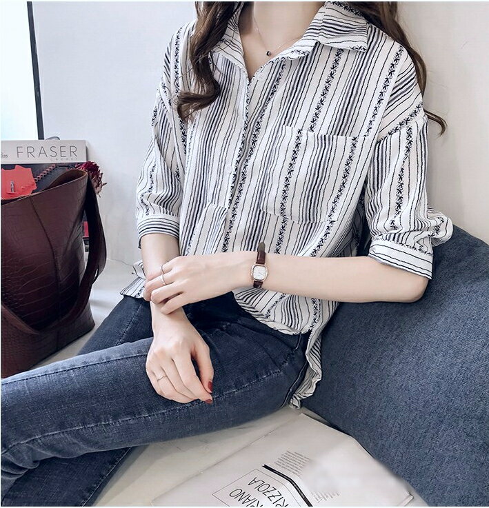 港風韓范．前口袋寬鬆顯瘦七分袖襯衫上衣 - shiny藍格子【V2663】 4