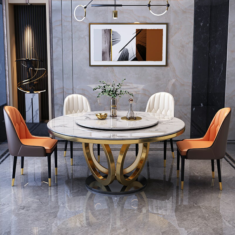 餐桌 椅組合 現代簡約 圓桌 家用 餐廳飯桌帶轉盤 圓形小戶型