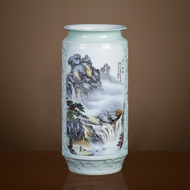 景德鎮陶瓷器仿古山水畫花瓶中式家居客廳裝飾品擺件書畫筒卷軸缸