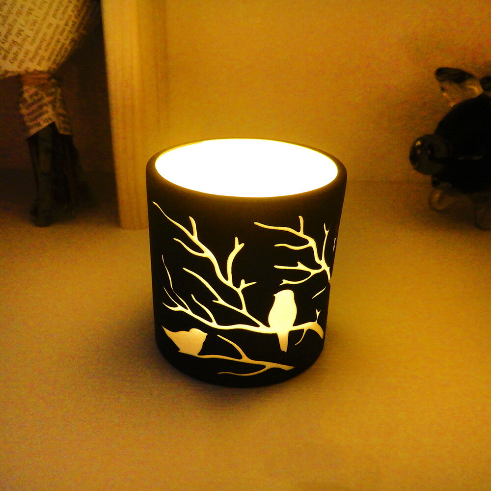 安森藝品x覓品竹北手作店-鏤空雕刻陶瓷矮杯+E-candle燭燈/小夜燈-青鳥