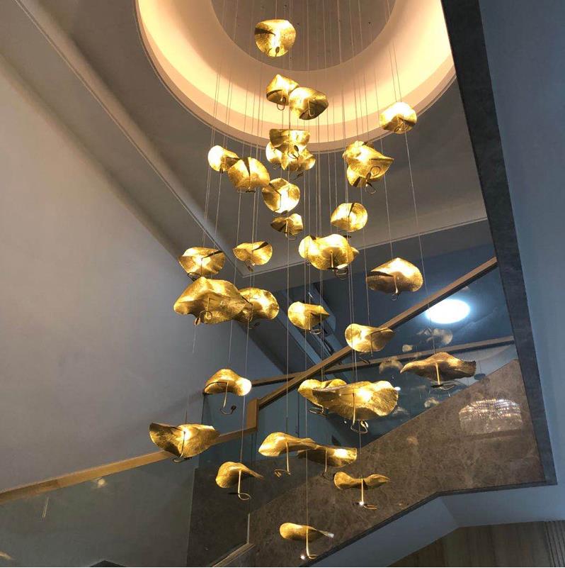 輕奢創意全銅荷葉客廳燈具禪意新中式復式樓樓梯餐廳茶室藝術吊燈