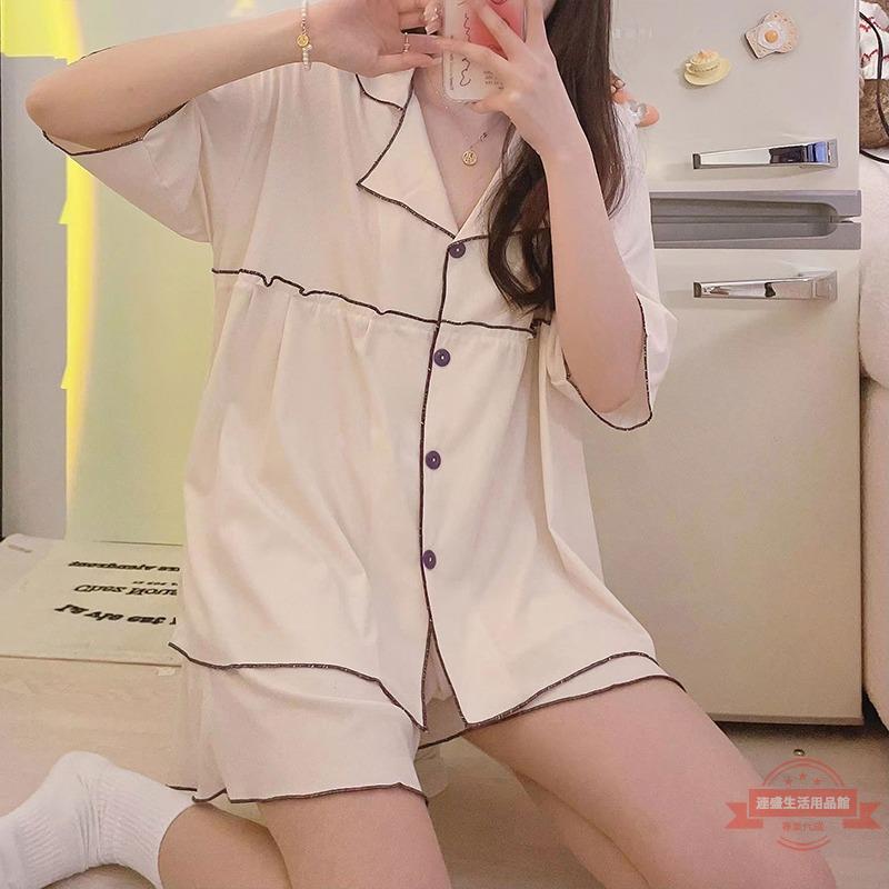 睡衣女夏季短袖冰絲高階感純色簡約開衫時尚舒適休閑家居服兩件套
