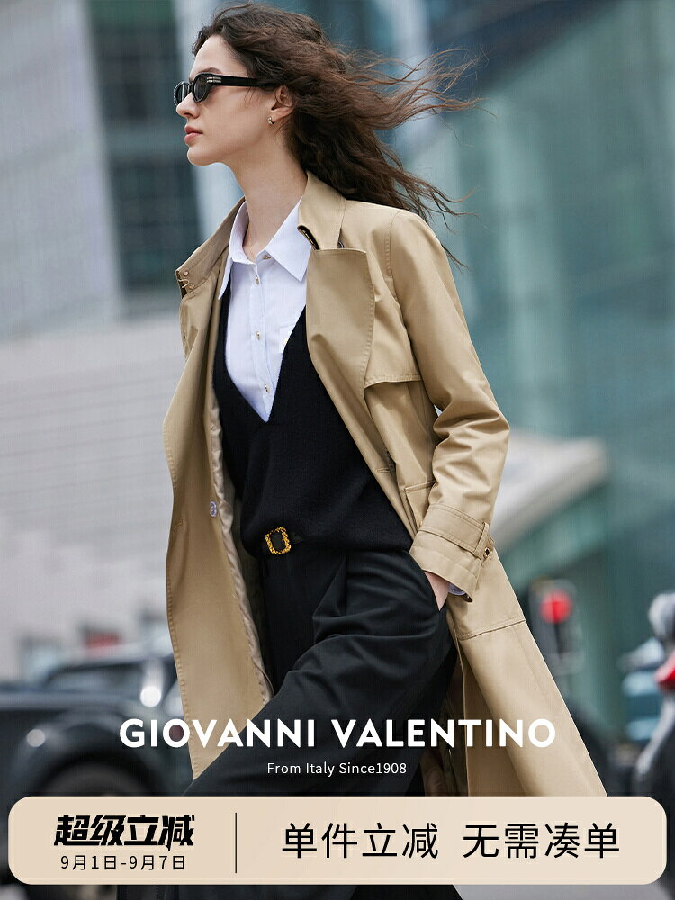 GIOVANNI VALENTINO高級感風衣外套女士春季新款卡其色中長款大衣鑫弘-素時衣櫥