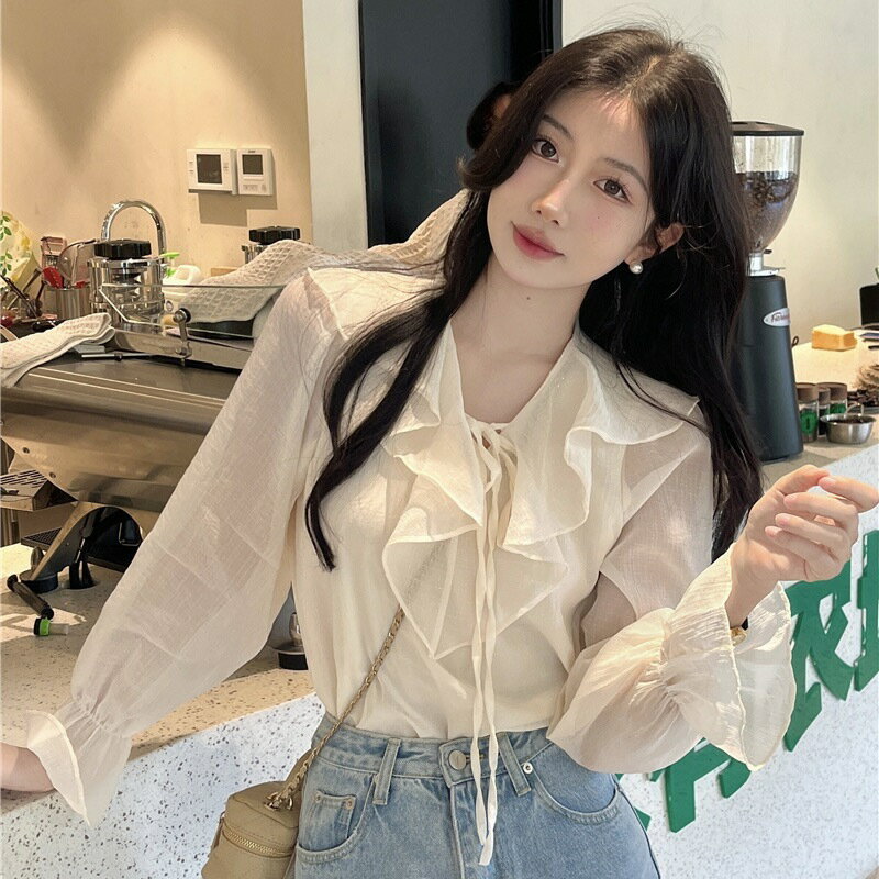 FUXI 雪紡襯衫女 長袖襯衫 純欲上衣 荷葉邊繫帶百搭溫柔甜美襯衣 法式襯衫 小個子上衣 女裝 衣服