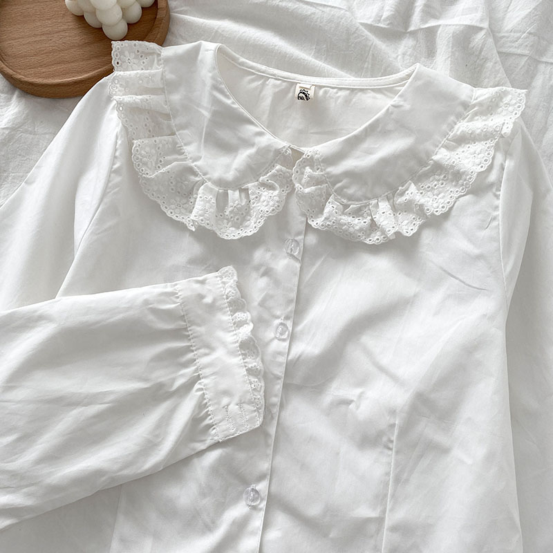 100%純棉法式復古襯衫女新款秋冬季娃娃領氣質內搭白色上衣