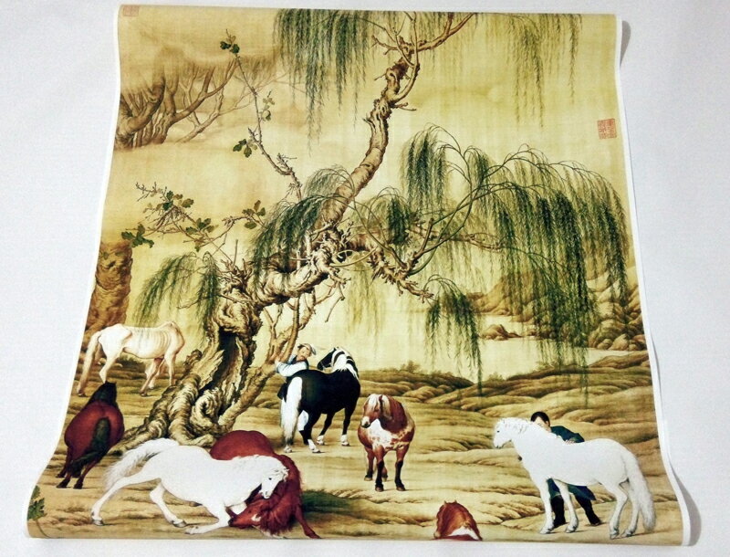 仿古畫古代名畫復製品郎世寧八駿圖國畫裝飾畫花鳥畫