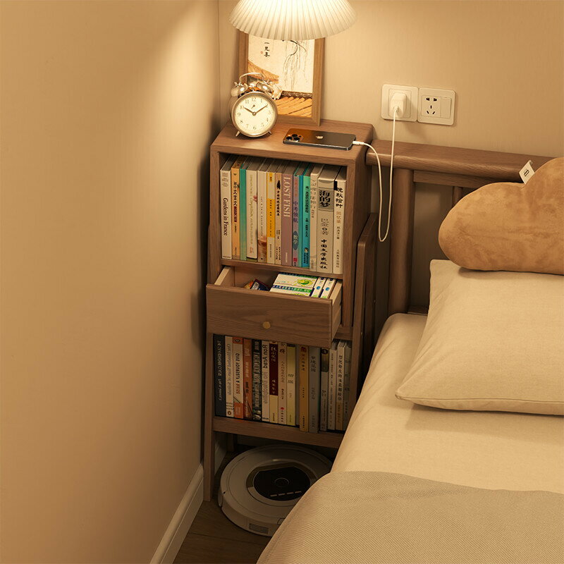實木床頭櫃帶書架一體 家用小型加高收納書櫃 臥室床邊櫃 置物架