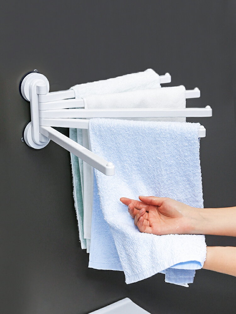 韓國浴室衛生間掛架廁所免釘晾毛巾桿吸盤式旋轉五桿免打孔毛巾架