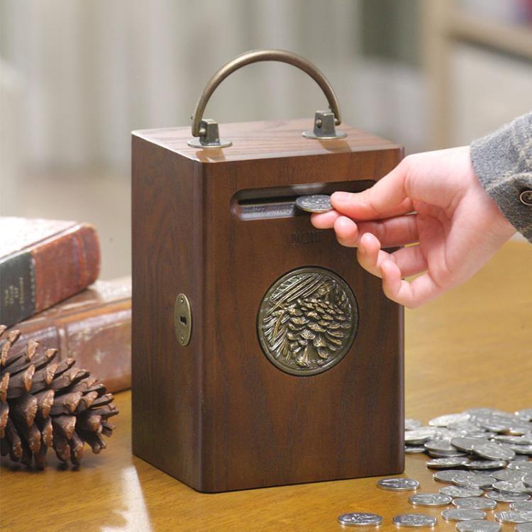 ✅美式創意實木硬幣存錢筒紙幣存錢罐兒童收納盒禮品