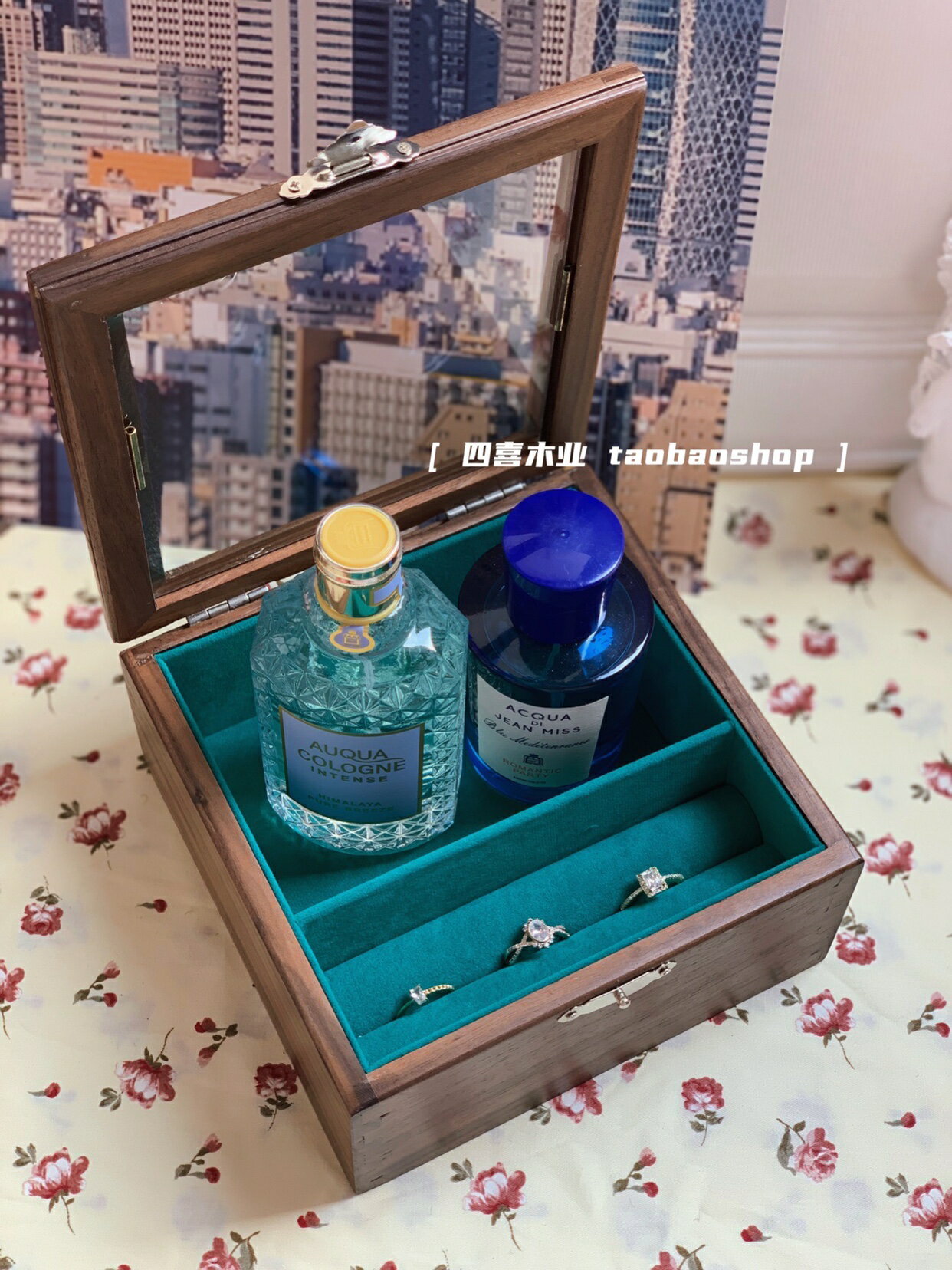 黑胡桃實木海棠壓花玻璃木盒桌面收納整理盒家居擺設復古首飾盒
