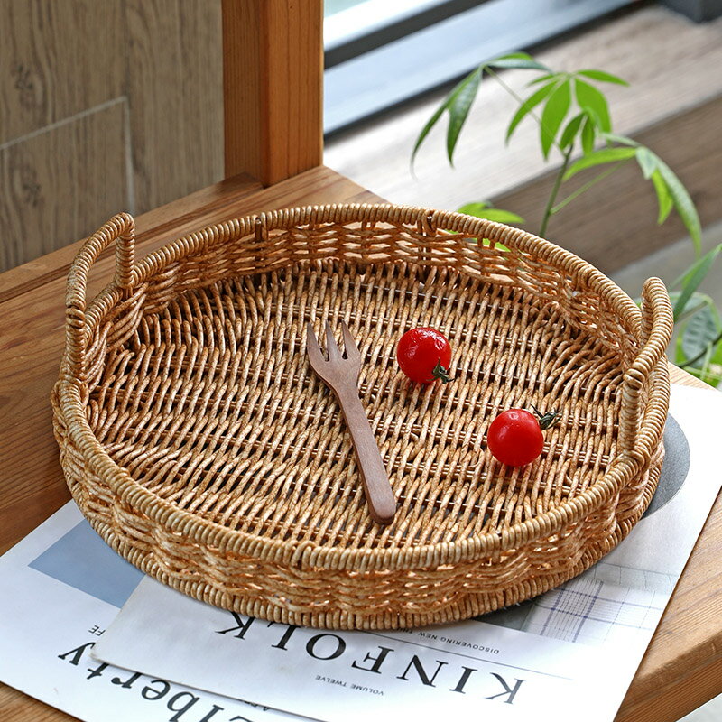 Kens日式水果盤面包筐家用雙耳托盤拍照道具仿藤編下午茶點心籃子