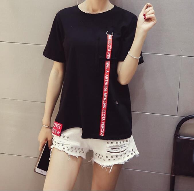 FINDSENSE MD 韓國時尚 女 寬鬆 破洞織帶裝飾 短袖T恤 學生短T 圓領T恤