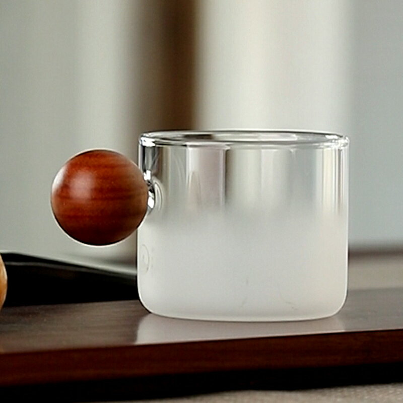 實木帶把品茗杯茶杯濃縮咖啡杯磨砂日式小杯子雲霧耐熱玻璃杯口杯
