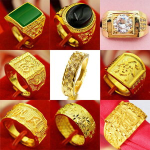 越南沙金戒指男士鍍24k黃金色歐幣仿真鑲瑪瑙寶鉆石福發財開口環