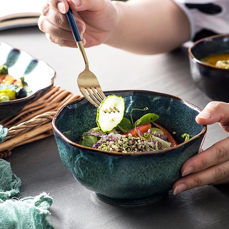 日式復古餐具碗碟套裝簡約粗陶瓷牛排盤甜品盤簡約米飯碗家用菜碟