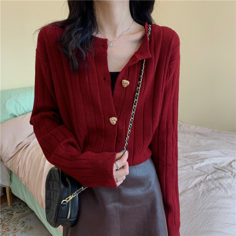 紅色復古針織衫女秋冬2021新款慵懶風上衣設計感小眾毛衣外套開衫