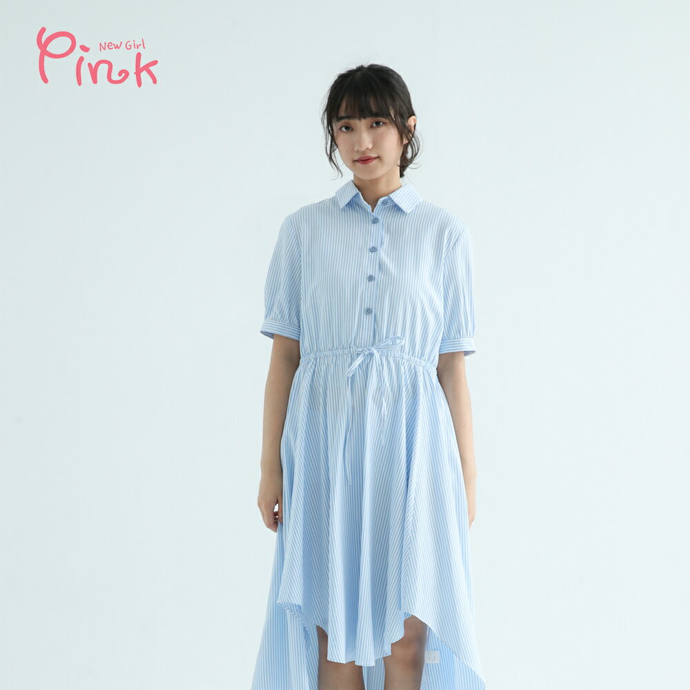 Pink*夏日海洋風斜條紋洋裙 Y4104AT