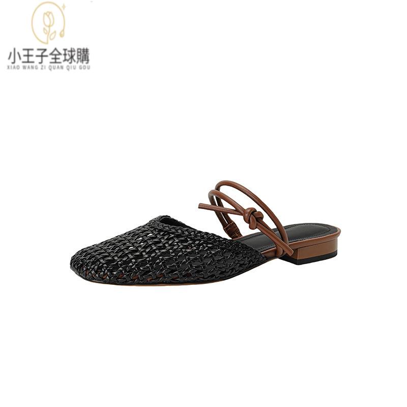 【公司現貨速發】免運 開發票 小短靴 堆堆靴 真皮女鞋 羊皮鞋 小皮鞋 樂福鞋法式復古包頭鏤空外穿涼拖夏圓頭編織一腳蹬休閑時尚懶人鞋 定製
