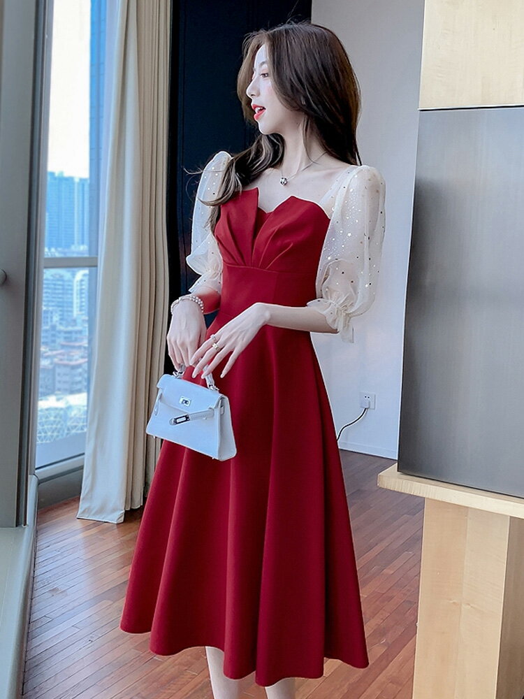 敬酒服新娘夏季訂婚禮服回門服氣質法式小紅裙紅色連衣裙女設計感