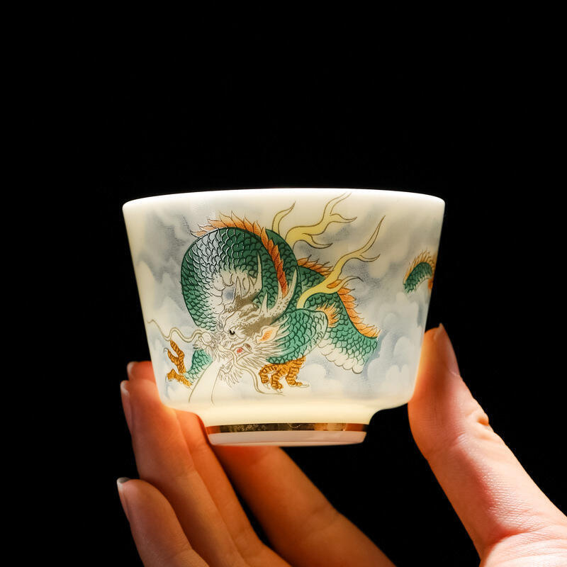 陶瓷羊脂玉瓷功夫茶具茶杯描金杯子單杯主人杯茶盞品茗杯可定logo