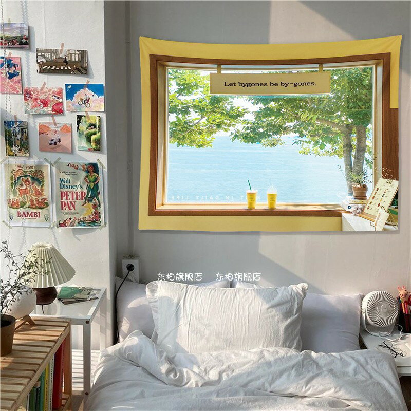 海景窗戶掛布 小清新文藝裝飾布 宿舍臥室布置背景布風景掛毯畫布