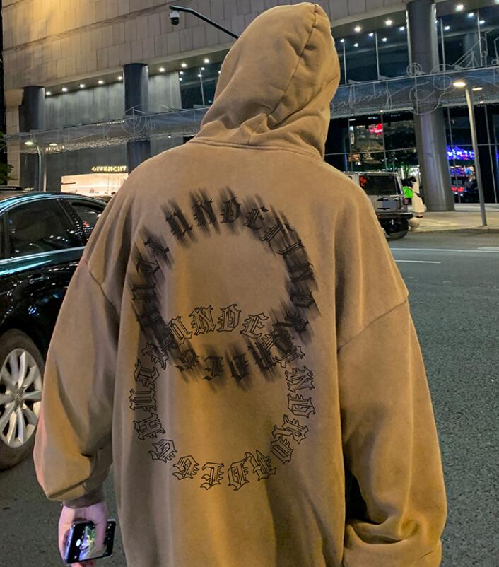 FINDSENSE X 2022 街頭時尚 男士 復古洗水做舊 寬鬆 眩暈字母圖案 長袖T恤 連帽外套