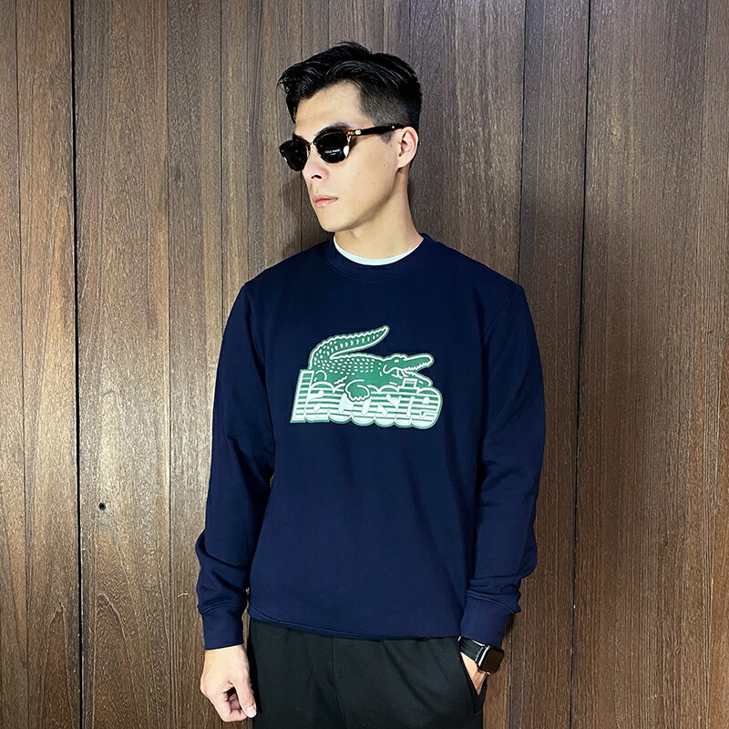 美國百分百【全新真品】Lacoste 大學T 棉質 刷毛 鱷魚 上衣 LOGO 長袖T恤 深藍 CR65