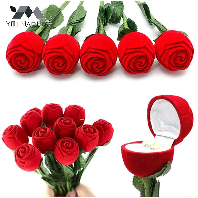 美琪 新品  創意驚喜 紅色玫瑰花帶枝葉戒指首飾盒 高檔硬植絨飾品盒子