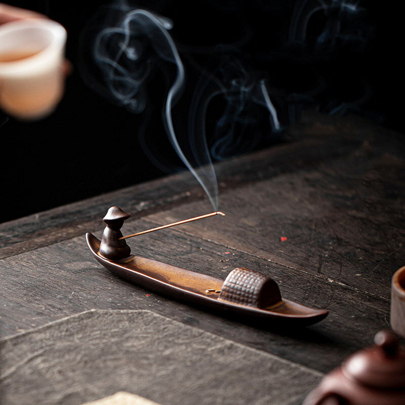 中式禪意漁翁垂釣香插 //粗陶香插香座線香托陶瓷創意香道器香盤茶道擺件 茶具用品 中式茶具 泡茶具